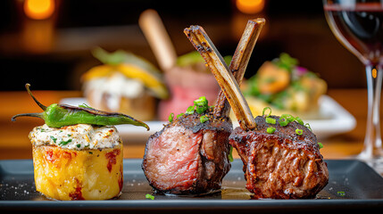 Juicy grilled lamb chops with roasted vegetables and gourmet garnish