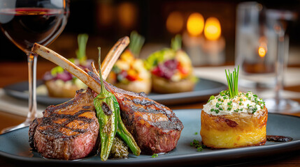 Grilled lamb chops with potatoes and wine in elegant restaurant setting
