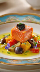 Gourmet salmon dish with caviar and colorful vegetables on elegant plate