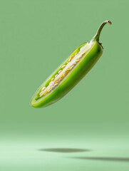 Sliced green jalapeño pepper with seeds on green background