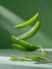 Floating green pea pods with leaves on green background