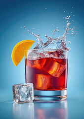 Refreshing splash of iced red drink with orange slice against blue background