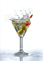 Splashing martini with olives and cherry on white background