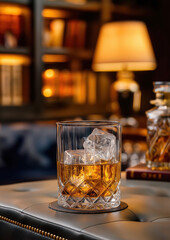 Glass of whiskey with ice in elegant lounge setting with warm ambient lighting
