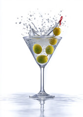 Splashing martini glass with green olives on white background