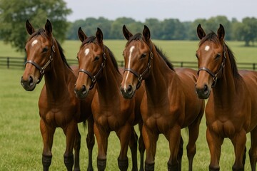 Four majestic steeds stand in unity, their heads held high against a backdrop of verdant fields under a clear sky