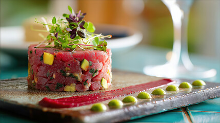 Gourmet tuna tartare with microgreens and artistic sauce presentation