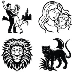 Fototapeta premium Vector art of a romantic couple dances joyfully in the city, while a loving mother embraces her daughter, a majestic lions head and a sleek panther stand proudly