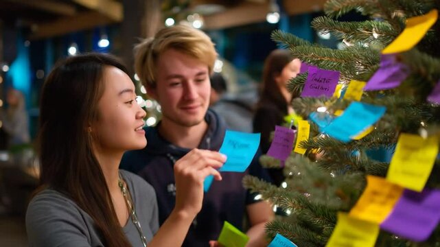 Team Members Decorating a Tree with Handwritten Goals for the New Ye