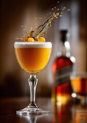 Dynamic splash in whiskey sour cocktail with garnish and blurred bottle