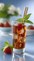 Refreshing iced tea with strawberries and mint in a tall glass
