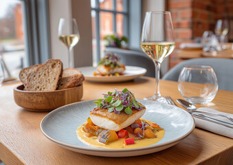 Gourmet dining experience with herb-crusted fish and vegetables in elegant restaurant setting