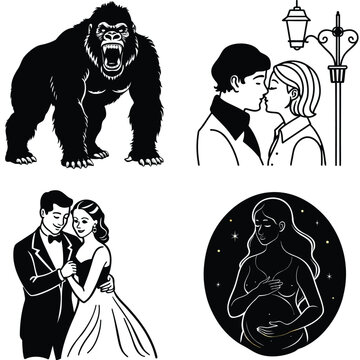 Vector art of a set of black and white vector illustrations featuring a gorilla, a couple, a wedding couple, and a pregnant woman