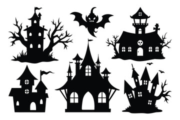 Spooky haunted houses and flying bat silhouettes halloween black