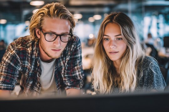 Two young professionals focus intently on their computer screen while collaborating in a contemporary office environment filled with natural light.