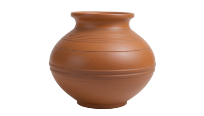 Hand-Crafted Terracotta Earthenware Pot – Smooth Rounded Belly with Ridged Decorative Pattern isolated on transparent background 