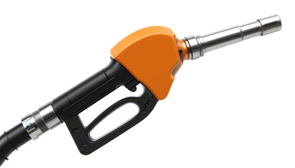 Bright Orange Gas Pump Nozzle – Glossy Fuel Nozzle with Silver Tube and Black Handle Isolated on Transparent Background