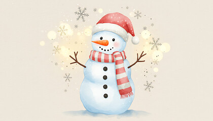 Fototapeta premium Cute watercolor snowman wearing a santa hat and striped scarf with falling snowflakes