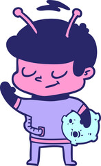 friendly cartoon spaceman holding meteor in bright neon color