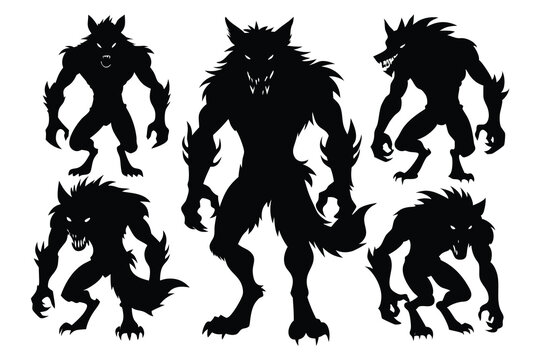 Black werewolf silhouettes with sharp claws and teeth white monster