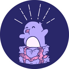 icon of a tattoo style penguin sitting on present in bright neon color