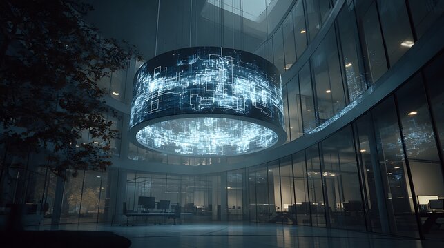 Suspended light-based blueprint of an AI microchip displayed within a spacious glass-walled research pod