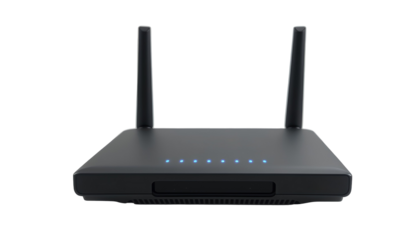 Black Wireless Router with Dual Vertical Antennas – Rectangular Design and Blue LED Indicator Lights
