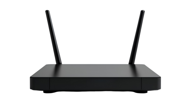 Black Wireless Router with Dual Vertical Antennas – Rectangular Design and Blue LED Indicator Lights