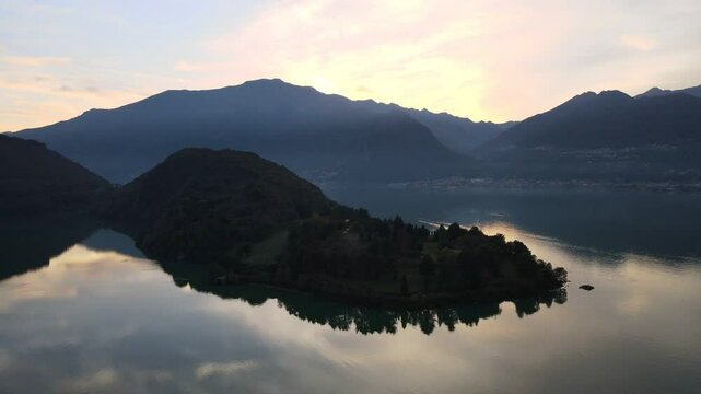 Aerial nature landscape of Colico village in Lake Como Italian Alps during fall in Lombardy
