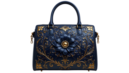 Dark Navy Blue Leather Handbag – Embossed Gold Floral Scrollwork with Ornate Decorative Metal Accents