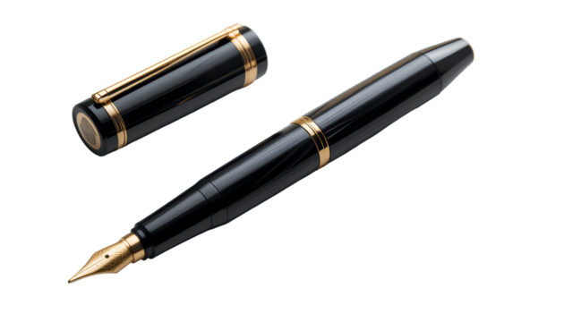 Black Fountain Pen – Glossy Resin Body with Gold Accents and Subtle Horizontal Lines, Isolated on Transparent Background