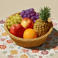 Wicker basket filled with fresh fruits including apples pineapple grapes and orange isolated on white background