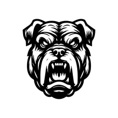 Black and white graphic of an angry bulldog head, stylized and detailed.