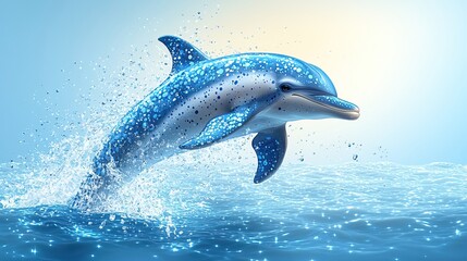 Fototapeta premium A leaping dolphin, adorned with sparkling blue spots, splashes in the ocean