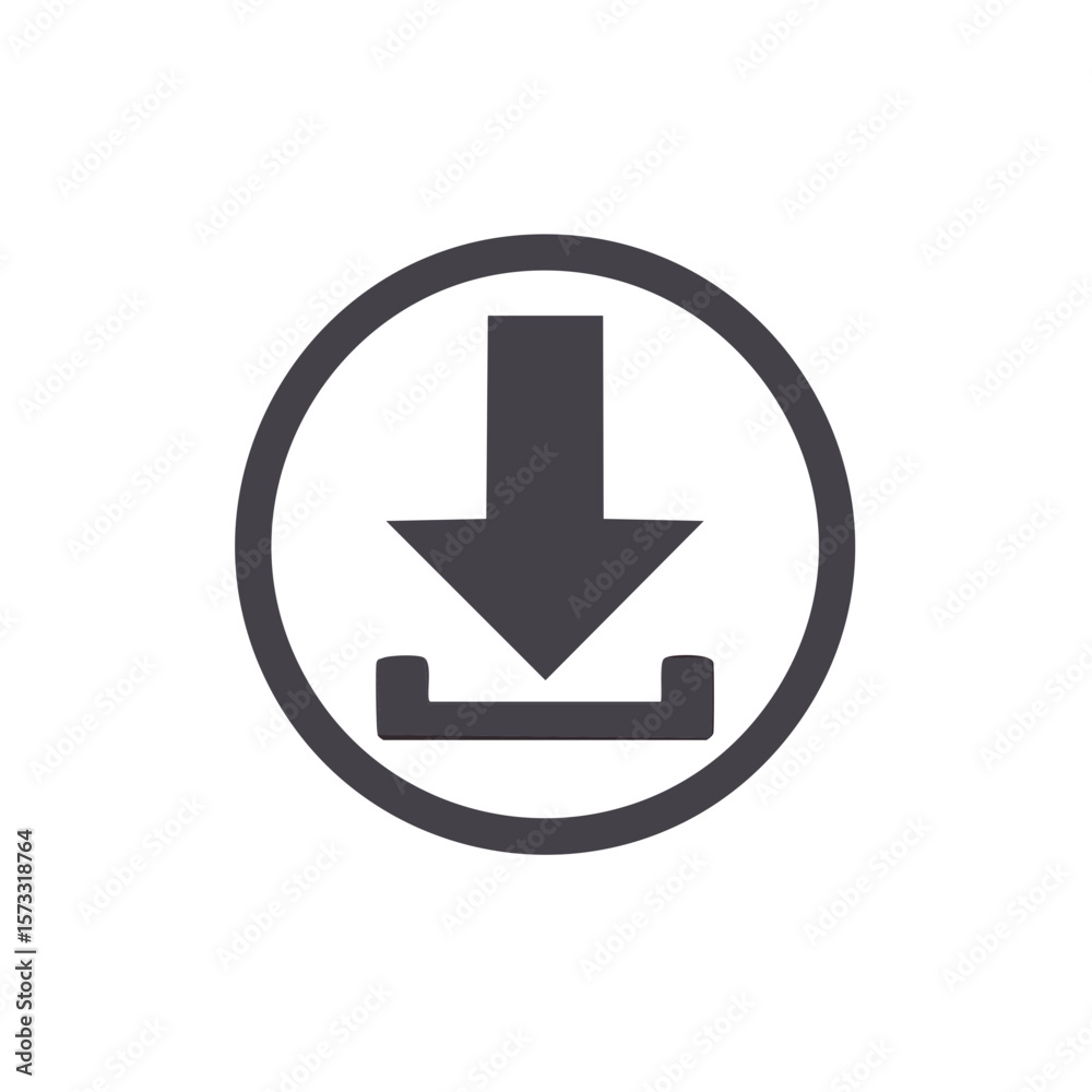 Poster universal download symbol. grey arrow inside the circle points down into loading tray. save icon.
