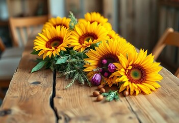 Long rustic wooden farmhouse table, sunflowers, dried herbs,  dried flower bundles,  dining room