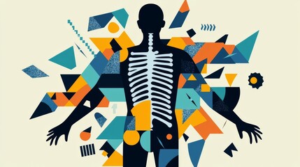 Abstract illustration of a human skeleton surrounded by colorful geometric shapes representing the body and health.