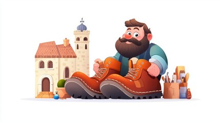 A cartoon-like shoemaker with oversized boots in front of a quaint building, emphasizing craftsmanship and creativity.