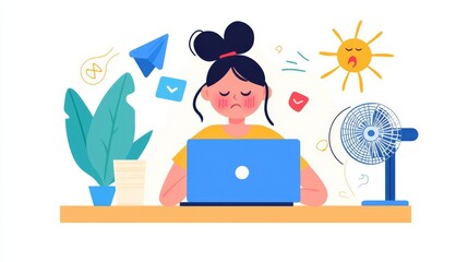 A woman working on her laptop, surrounded by plants, fan, and cheerful icons, representing modern remote work life.