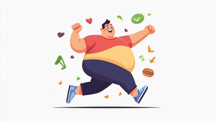 Joyful man dancing with happiness, surrounded by hearts and musical notes, celebrating life and positivity.