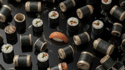 Sushi rolls arranged artistically on a dark surface, resembling spools of thread.