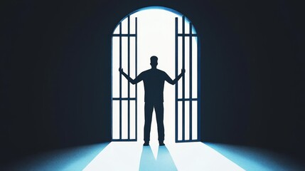A man stands at an open prison door, highlighting themes of freedom and redemption in a stark, dramatic setting.
