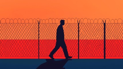 A silhouette of a man walking beside a barbed wire fence under a dramatic sunset sky, symbolizing confinement.