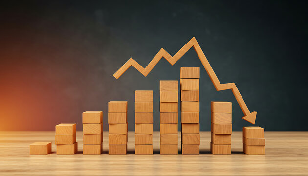 Wooden block graph showing financial decline with downward trending arrow