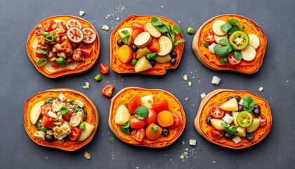 Six vibrant sweet potato toast slices, each topped with diverse healthy ingredients,  nutritious,   texture
