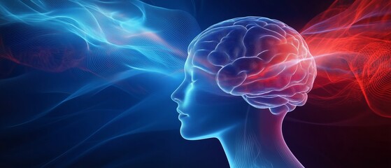 Fototapeta premium Colorful waves emerging from a human head depict brain activity and the complexity of emotions and thoughts. The vibrant colors represent energy and mental processes dynamically at play.