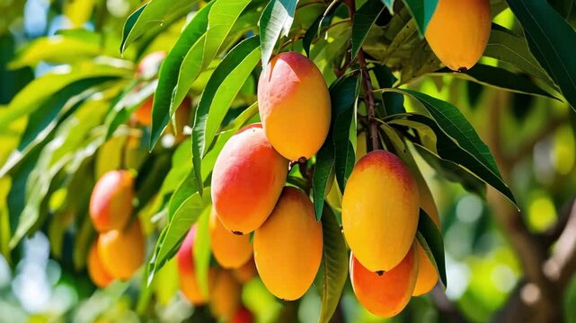 Ripe mangoes on a mango tree with green leaves, tropical fruit, healthy food.
