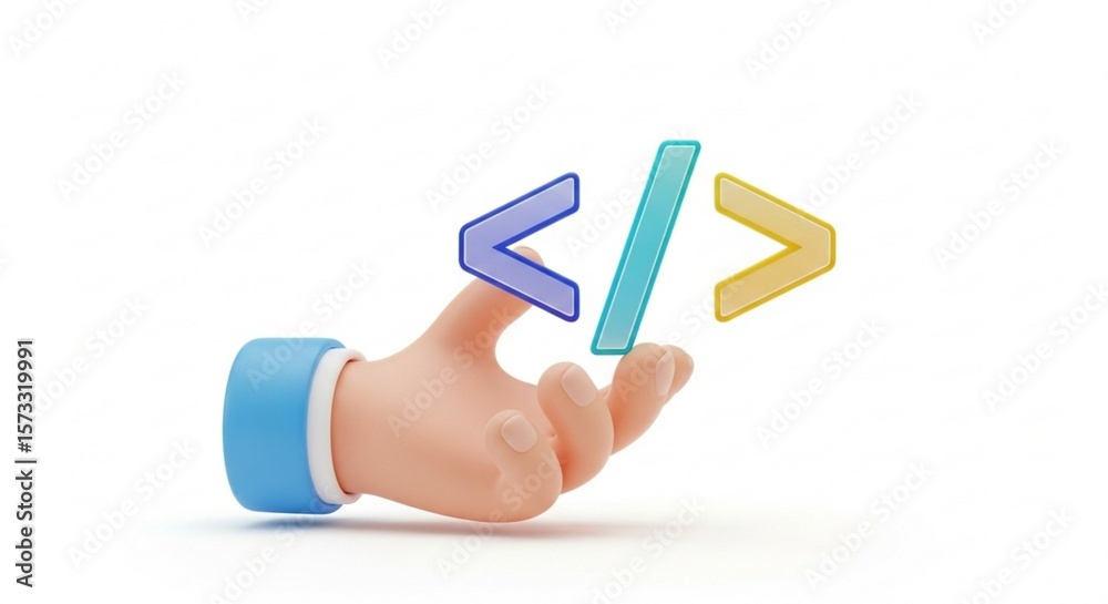 Wall mural 3d illustration of hand holding colorful angular brackets. web development and design concept