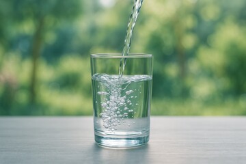 Close-up of fresh water being poured into a transparent glass on a smooth surface, with a blurred green garden in the background, evoking a fresh and natural summer atmosphere.
