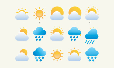 Obraz premium Collection of Weather Icons Depicting Sunny, Cloudy, and Rainy Conditions with Varying Cloud Cover and Precipitation Levels for Forecasting Purposes